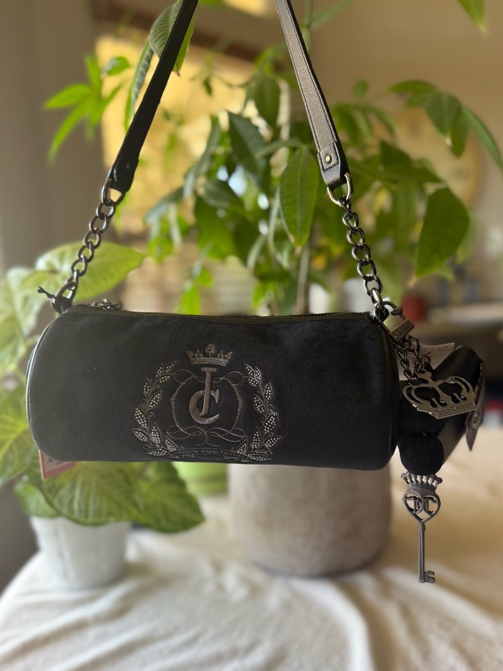 Juicy Couture “Sparkle Royal” Barrel Shoulder Black Velour Bag Key Crown Heart